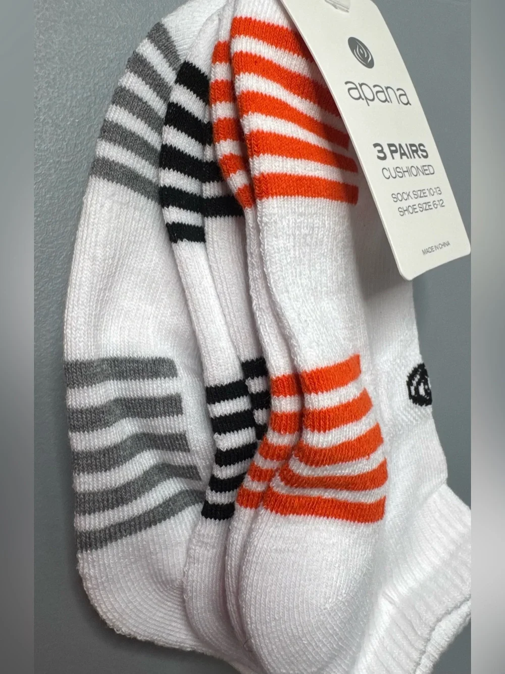 Apana White Athletic No-Show Socks with Orange & Gray Stripes cushioned thick